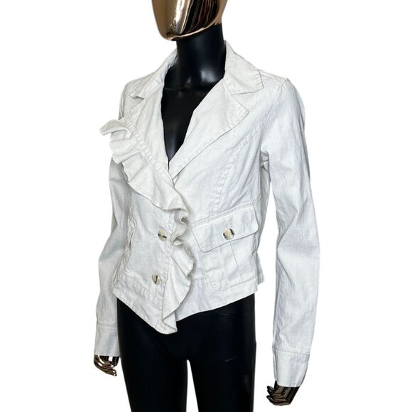 ✨ CAbi Linen Ruffle Jacket #325 Beige Oatmeal Blazer Size Medium - Picture 5 of 12